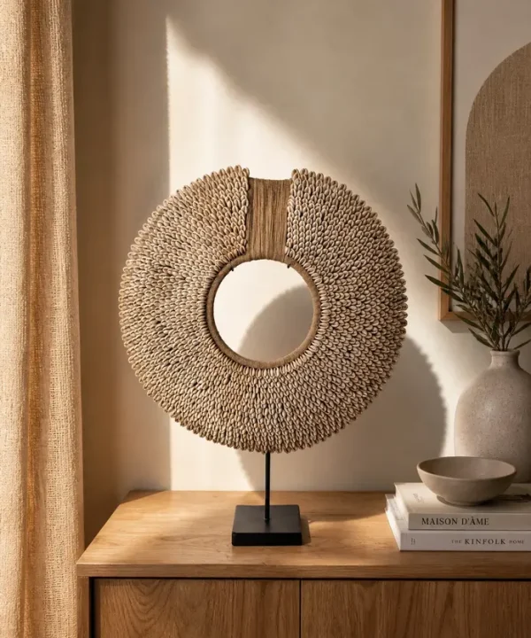 Rond coquillages cauris naturels, fibres tressées, sur socle métal noir Bali artisanal.